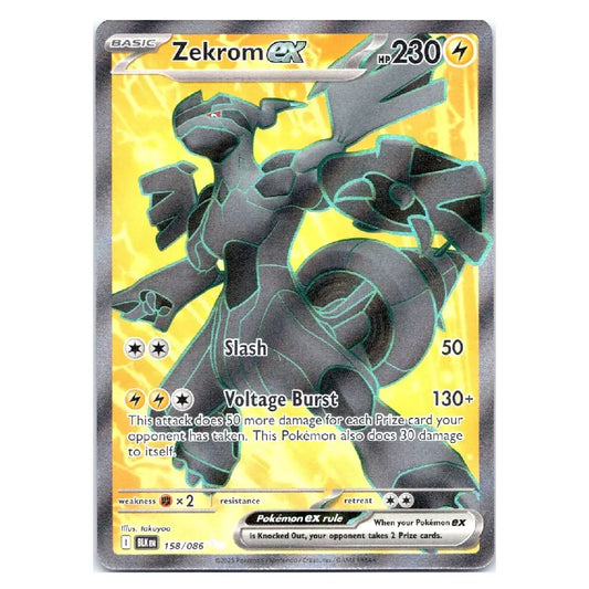 A holographic Pokémon EX card featuring Zekrom, a dark gray electric dragon. The card has a yellow-to-gold gradient background with holographic shimmer and silver borders.