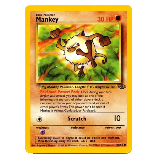 A Pokémon trading card featuring the character Manky, with a yellow border, illustrated artwork of the pig monkey in the center, and text details including 30 HP and the Scratch move.