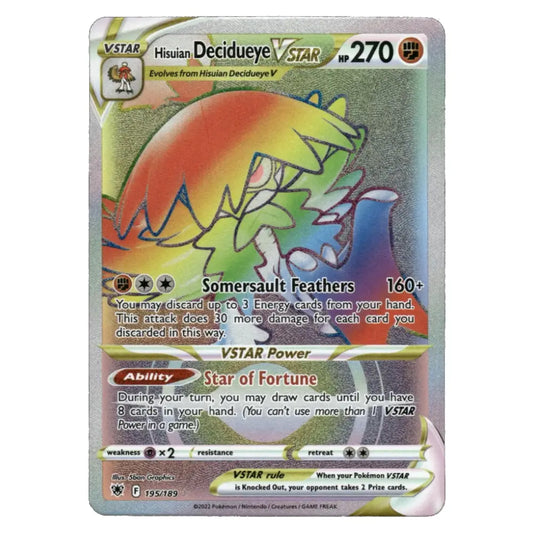 A single Pokémon trading card featuring Hisuian Decidueye V from VSTAR, with artwork of a green dragon-like creature against a sunset sky. The card includes VSTAR branding, HP 270, and the Pokémon logo.