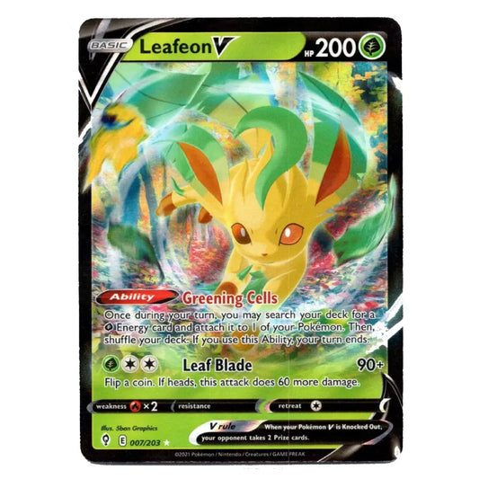 A single Pokémon trading card for Leafion V, shown flat against a plain white background. The card features colorful artwork of the character with green and yellow tones, black border elements, and printed game text including HP 200 and the Leaf Blade move.