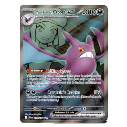 A single Pokémon trading card featuring Crobat, a Stage 2 Team Rocket Pokémon with 310 HP. The card has a dark gray border and a holographic finish with a purple-toned illustration of Crobat and a woman's face in the background.