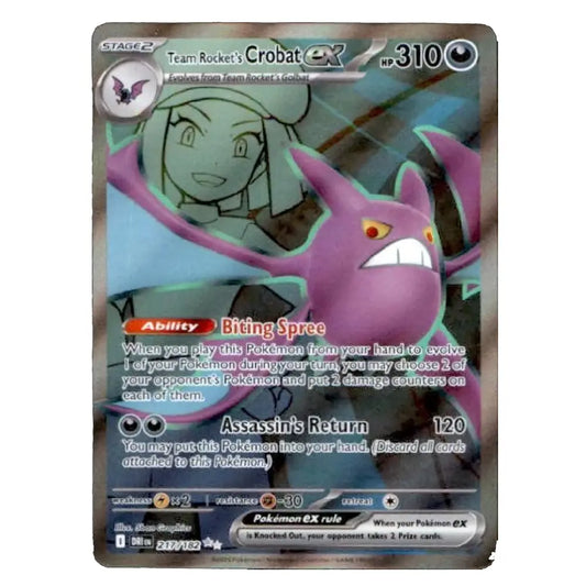A single Pokémon trading card featuring Crobat, a Stage 2 Team Rocket Pokémon with 310 HP. The card has a dark gray border and a holographic finish with a purple-toned illustration of Crobat and a woman's face in the background.
