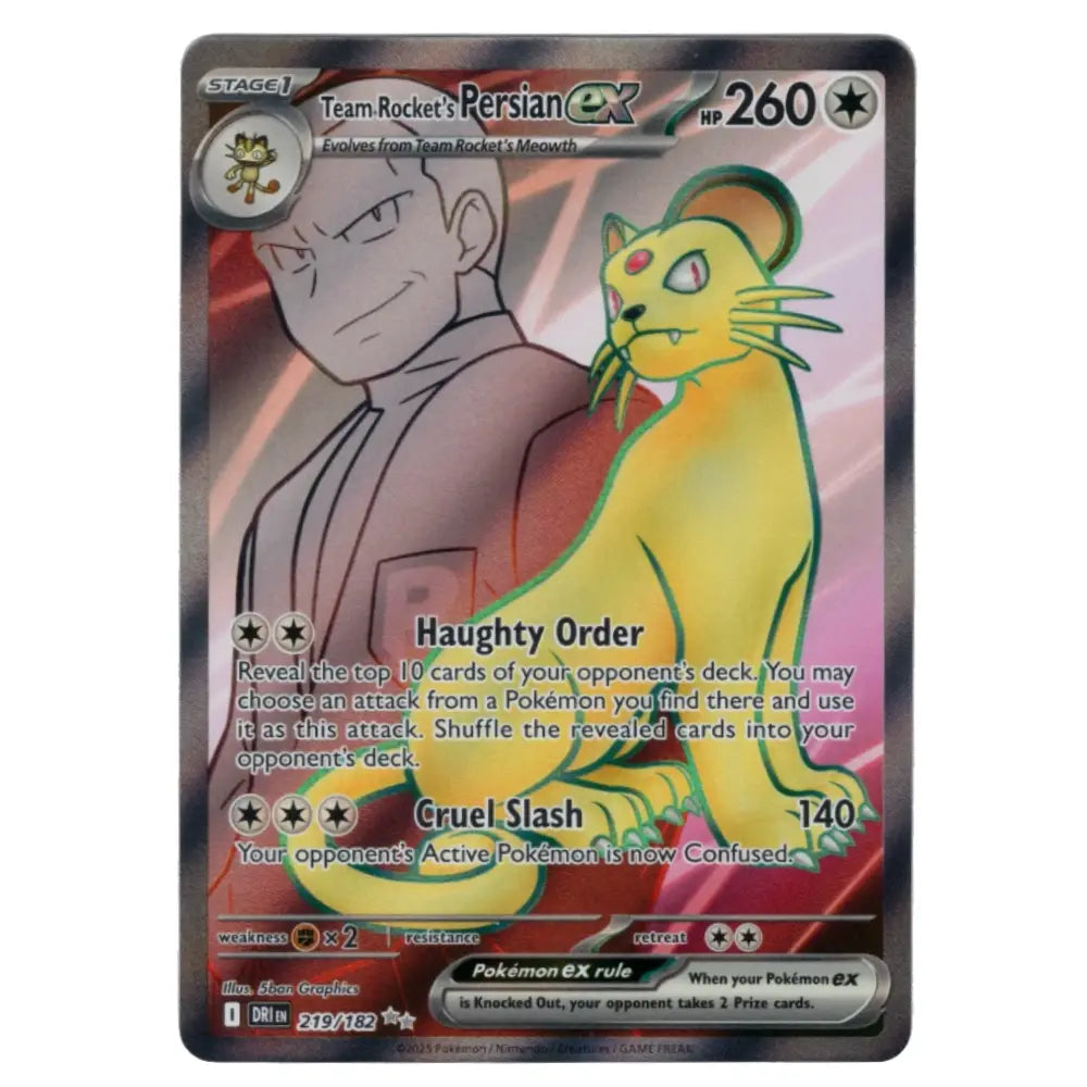 A single Pokémon trading card featuring Team Rocket's Persian EX, with a holographic silver and pink foil background and a yellow Persian illustration on the front.