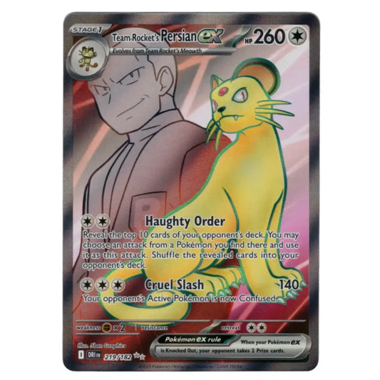 A single Pokémon trading card featuring Team Rocket's Persian EX, with a holographic silver and pink foil background and a yellow Persian illustration on the front.
