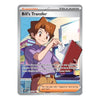 Pokémon trading card featuring a character with brown hair and a purple shirt, holding a red folder.
