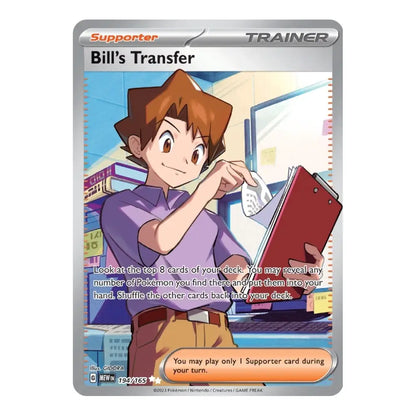Pokémon trading card featuring a character with brown hair and a purple shirt, holding a red folder.