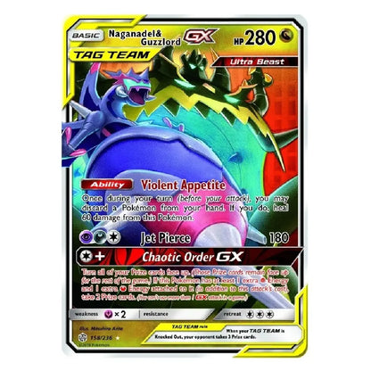 A single Pokémon trading card featuring Naganadel & Guzzlord GX, a Tag Team Ultra Beast card from the Scarlet & Violet expansion. The card has a yellow border, a red and black background, and colorful artwork of the two beasts.