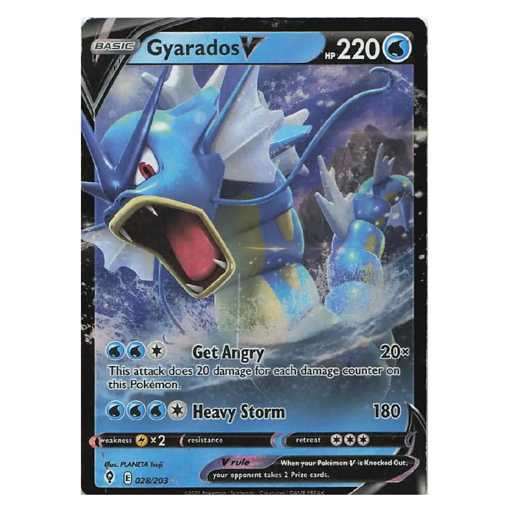 A single Pokémon trading card featuring Gyarados, shown against a plain white background. The card has a black border with blue and white artwork of the water dragon and visible text including 'Gyarados V', 'HP 220', and attack text.