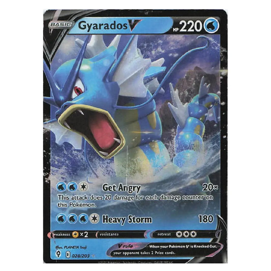 A single Pokémon trading card featuring Gyarados, shown against a plain white background. The card has a black border with blue and white artwork of the water dragon and visible text including 'Gyarados V', 'HP 220', and attack text.