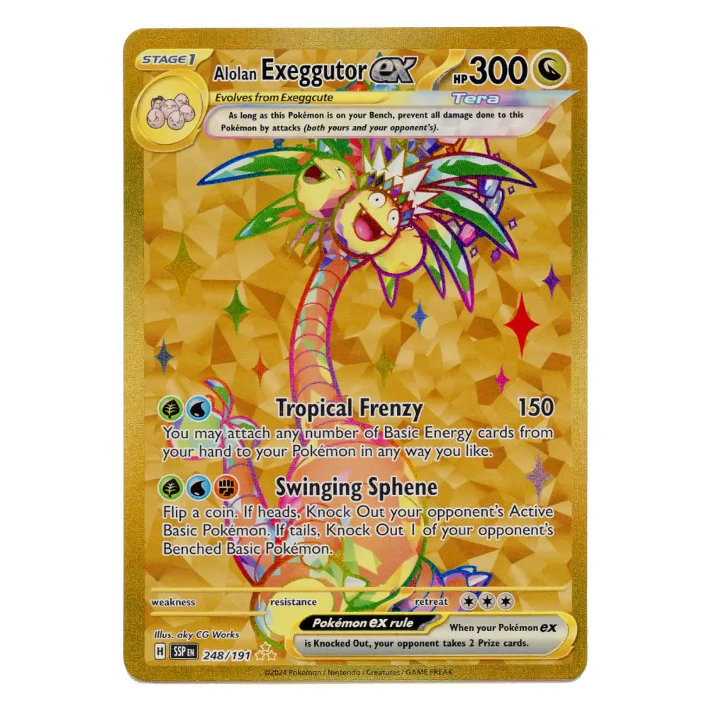 A holographic gold Pokémon Tera Ex card featuring Aiolan Exegutor, with a colorful illustration of the creature on a gold patterned background.