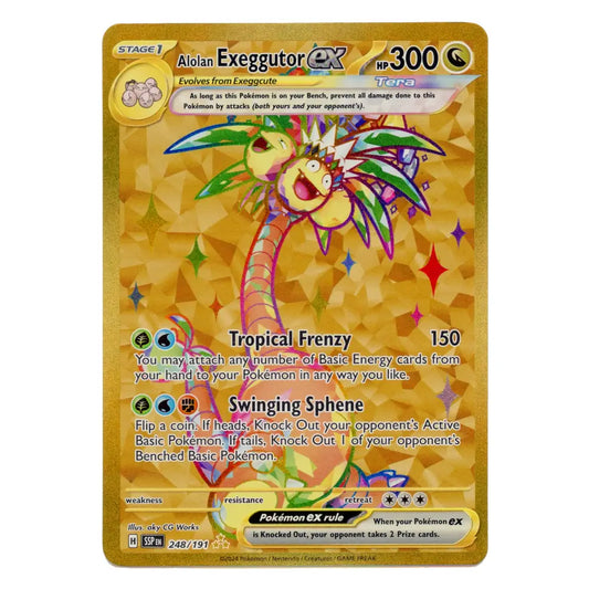 A holographic gold Pokémon Tera Ex card featuring Aiolan Exegutor, with a colorful illustration of the creature on a gold patterned background.