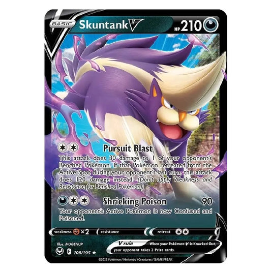 A single Pokémon trading card featuring Skuntank V, shown against a plain white background. The card has a black border, purple and cream artwork of the Pokémon, and printed game text and stats.