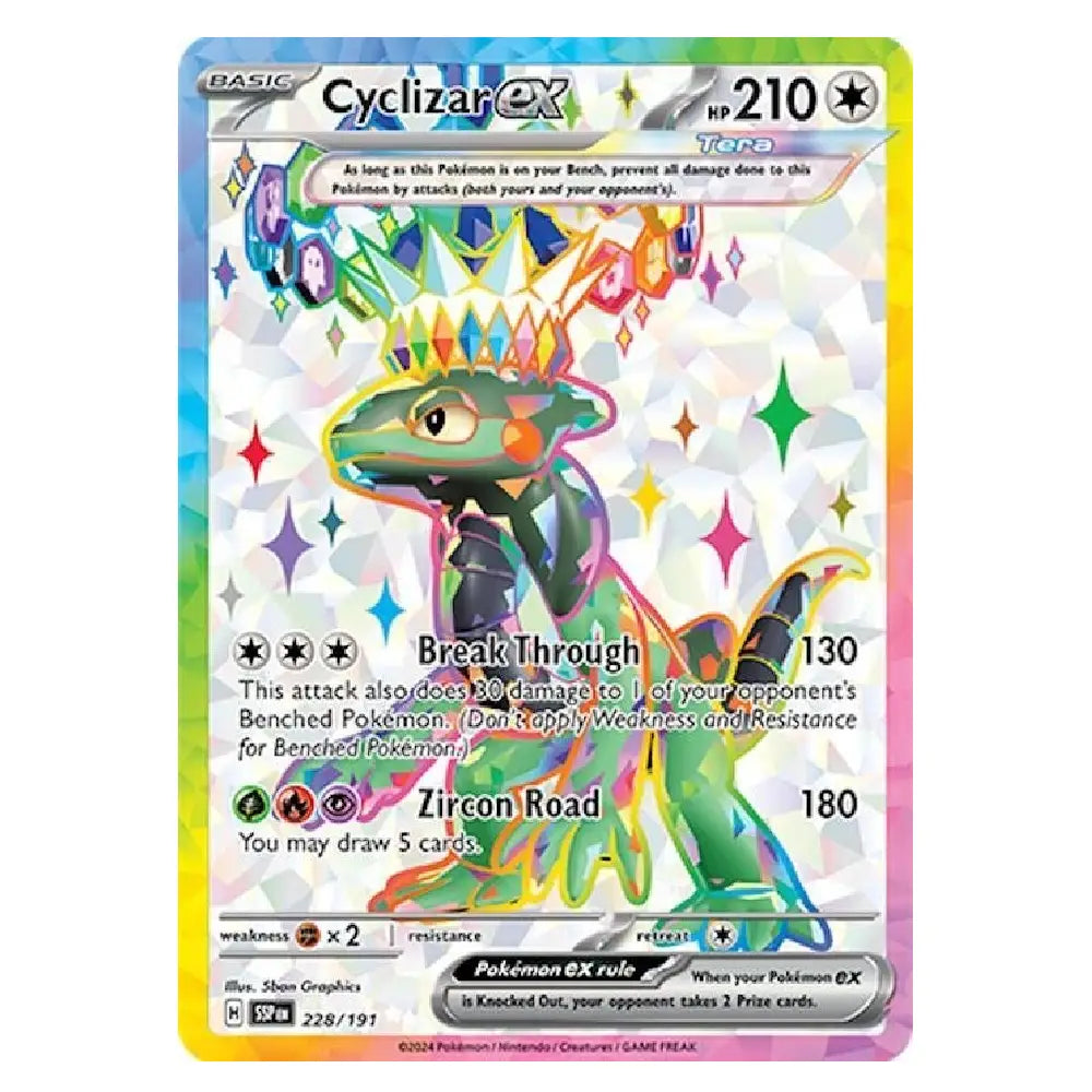 A holographic Cyclizar EX trading card from the Pokémon EX Zone set, featuring a rainbow-colored Cyclizar on a white background with a colorful iridescent border.