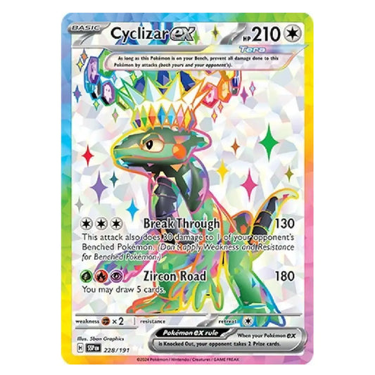 A holographic Cyclizar EX trading card from the Pokémon EX Zone set, featuring a rainbow-colored Cyclizar on a white background with a colorful iridescent border.