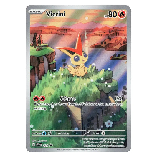 A single Pokémon trading card for Victini from the Basic set, shown against a plain white background. The card features artwork of Victini on a grassy cliff with a canyon landscape behind it, and the card frame with silver-gray borders.