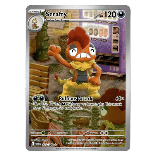 A single Pokémon trading card featuring the character Scrafty, with a gray border and printed artwork of Scrafty in front of a purple vending machine. Visible text includes 'Stage 1', 'Scrafty', 'Ruffians Attack', and '120'.