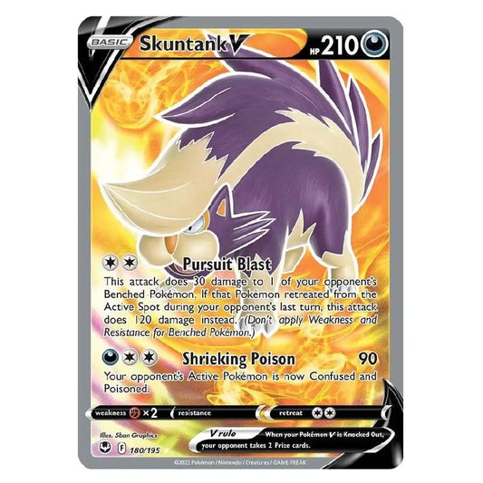 A single Pokémon trading card featuring Skuntank V, with a purple and cream creature illustration on a fiery orange-yellow background. The card has a gray border and visible text including 'Skuntank V', 'hp 210', and attack names 'Pursuit Blast' and 'Shrieking Poison'.