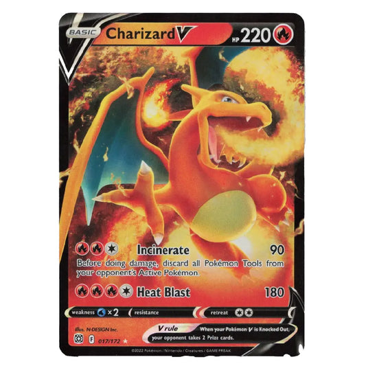 A Charizard V Pokémon trading card from the V-Prime expansion, featuring a fiery orange and yellow illustration on a black card frame with red and orange text boxes.