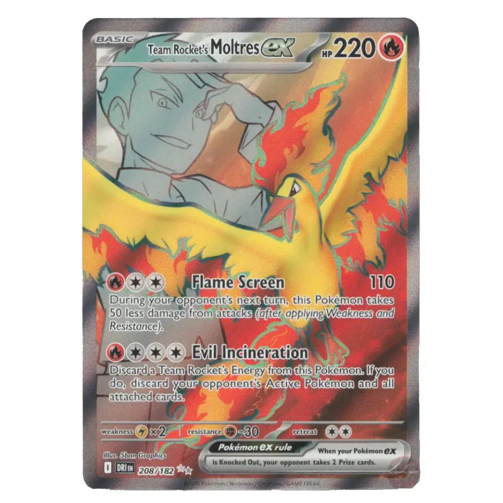 A holographic Pokémon trading card featuring Moltres EX from Team Rocket's Basic set, with a fiery yellow and orange illustration of the bird Pokémon and a dark gray holographic border.