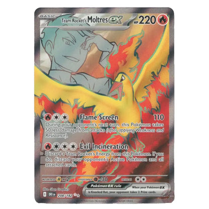 A holographic Pokémon trading card featuring Moltres EX from Team Rocket's Basic set, with a fiery yellow and orange illustration of the bird Pokémon and a dark gray holographic border.