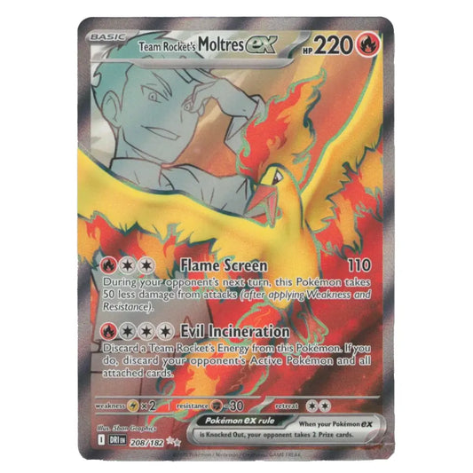 A holographic Pokémon trading card featuring Moltres EX from Team Rocket's Basic set, with a fiery yellow and orange illustration of the bird Pokémon and a dark gray holographic border.