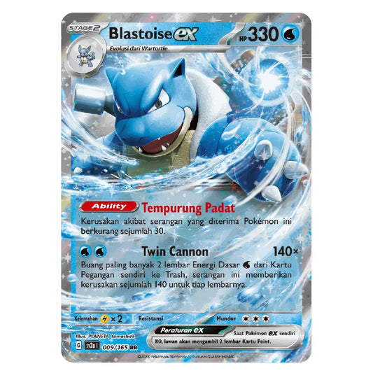 A holographic Pokémon trading card featuring Blastoise EX, a Stage 2 Water-type Pokémon. The card has a blue and silver design with artwork of Blastoise in an icy water environment, and text detailing its 'Tempurung Padat' and 'Twin Cannon' abilities.