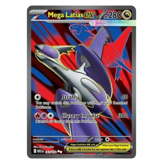 A single Pokémon trading card featuring Mega Latias EX from the Basic set, shown against a plain white background. The card art depicts Mega Latias in purple, silver, and red with dynamic red and blue streaks behind it.