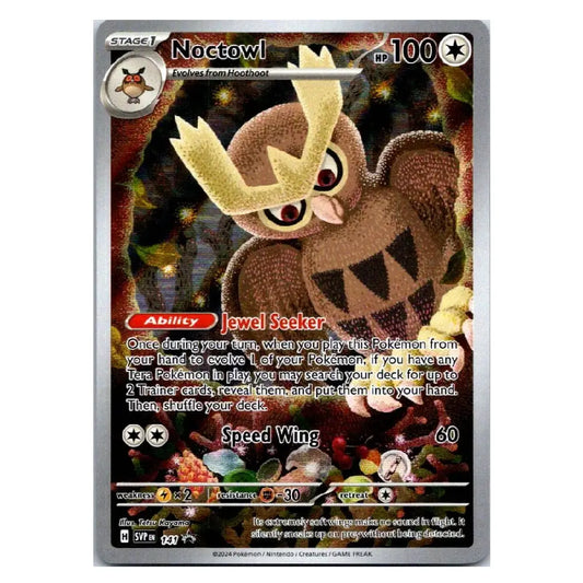 A Pokémon trading card featuring the character Noctowl, shown against a plain white background. The card has a silver border and displays artwork of a brown noctowl with a gold beak and wings, with game text and stats printed on the front.