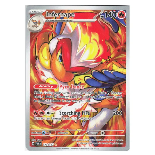 A single Pokémon trading card for Infernape, shown flat against a plain white background. The card features a fiery red, orange, and yellow illustration of the character with fire effects and standard game text boxes.