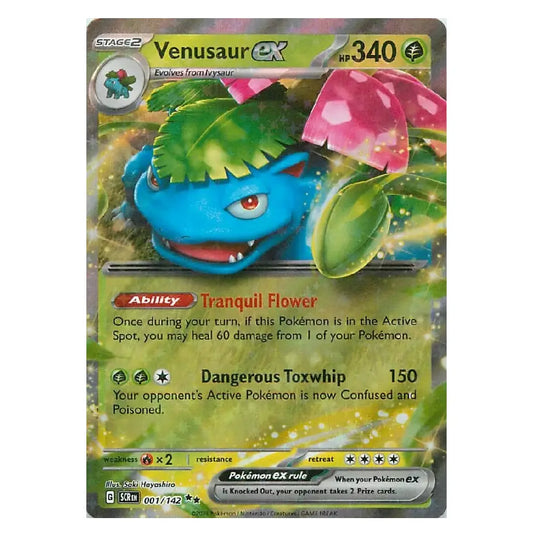 A single Pokémon trading card featuring Venusaur EX from the Emerald Gardens expansion. The card shows Venusaur with green leaves and pink flowers, set against a dark green and gold background with trading card interface elements and text including 'Tranquil Flower' and 'Dangerous Toxitch'.