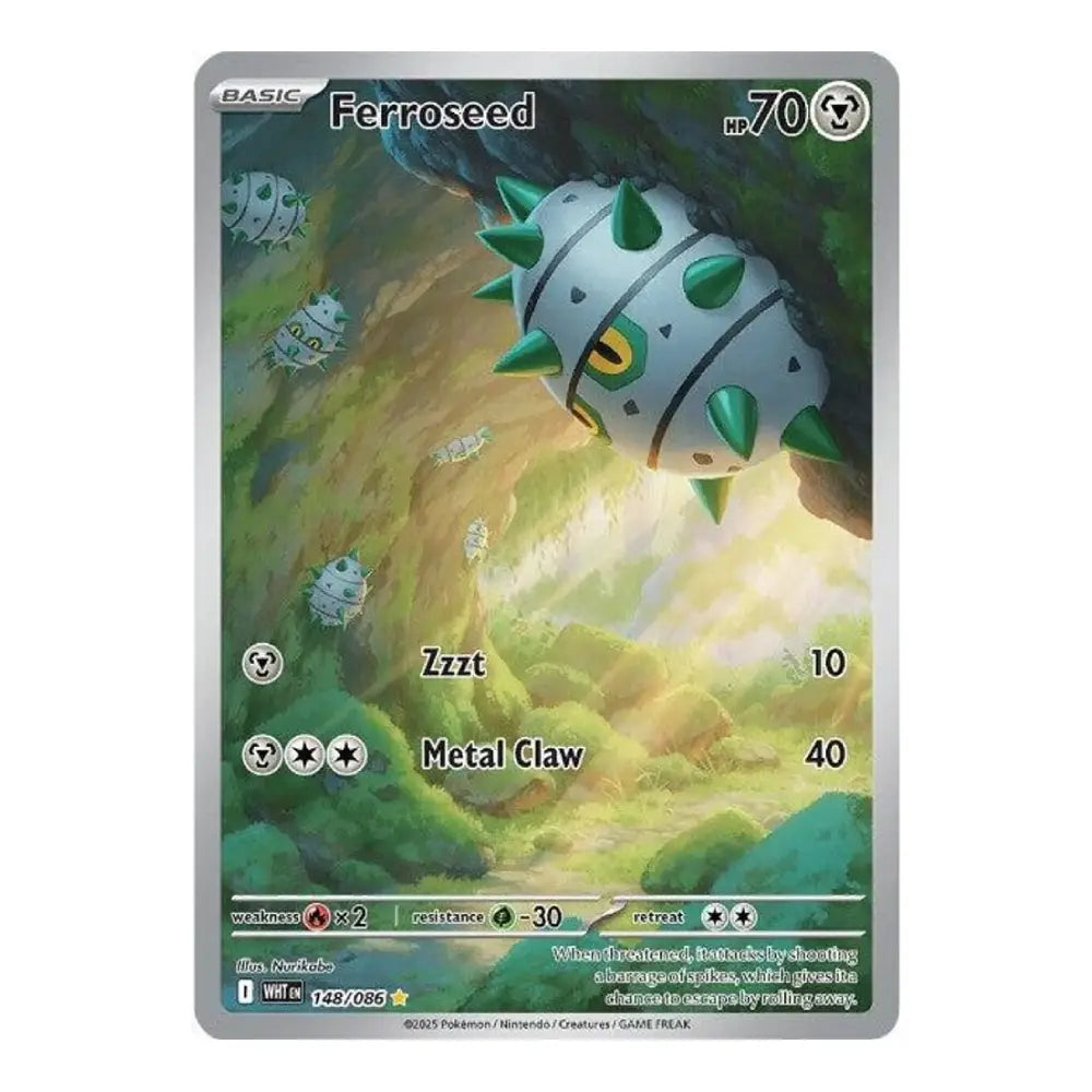 A single Pokémon trading card for the character Ferroseed, shown against a plain white background. The card features artwork of a spiky green-and-white plant-like creature in a grassy landscape, with game text and attack labels including Zztz and Metal Claw.