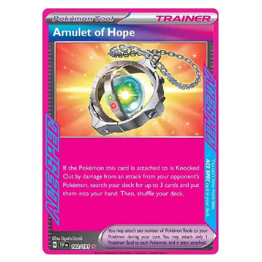 Pokémon Trading Card Game Amulet of Hope card from the Evolving Skies set, featuring a pink border and artwork of the amulet on a glowing orange background.