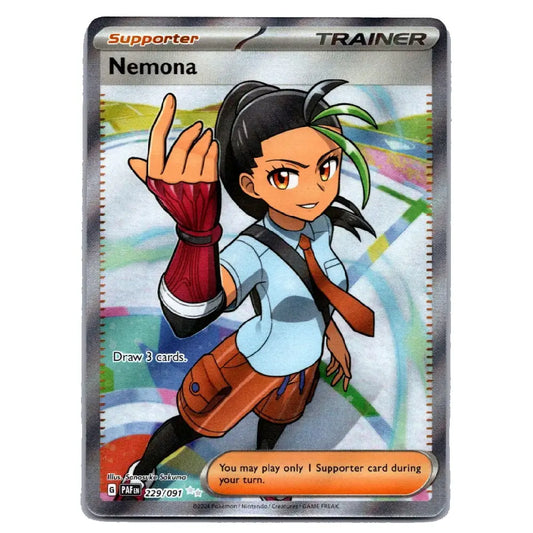 A single Pokémon trading card featuring the character Nemona, a Supporter Trainer. The card has a metallic silver border and displays Nemona in an action pose with her signature green hair, light blue shirt, and brown pants.