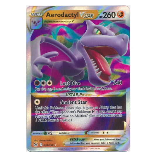 A holographic Pokémon trading card featuring Aerodactyl V. The card has a purple Aerodactyl illustration over a rainbow iridescent background, with VSTAR, 260, and card text visible.