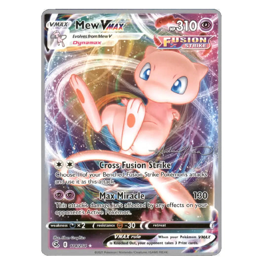 A Pokémon trading card featuring Mew MAX from the Fusion Strike expansion, with Mew depicted in a pink and blue cosmic design on a silver-bordered card.