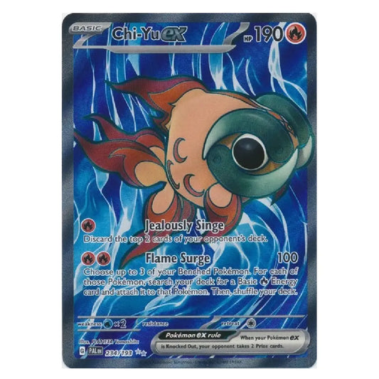 A Chi-Yu EX trading card from the Pokémon TCG, featuring a blue and white background with the character Chi-Yu depicted in the center.