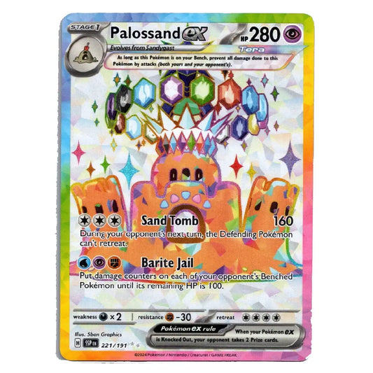 A holographic Palossand EX card from the Pokémon TCG, featuring a multicolor rainbow border and a glittery background with gem illustrations.