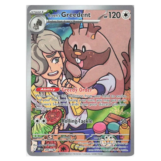 A Pokémon trading card featuring Arven's Greedent, a Stage 1 Pokémon card with colorful character art, stats, and a holographic border.