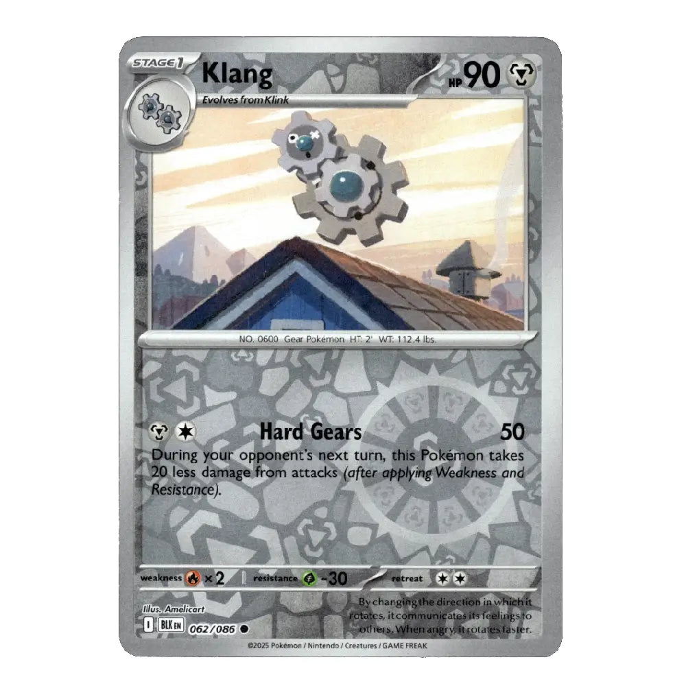 A single Pokémon trading card for Klang, shown against a plain white background. The card features a silver-gray border, a central illustration of Klang the gear Pokémon perched on a roof, and game text including 'Hard Gears' and a 50 HP value.
