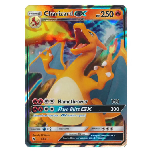 A holographic Charizard GX Pokémon trading card with a vibrant orange and yellow dragon illustration, set against a plain white background.