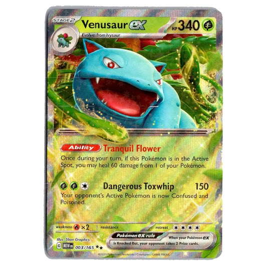 A single Pokémon trading card featuring Venusaur EX from the Emerald expansion, with a blue carnivorous plant illustration, green foliage, and card text including 'Tranquil Flower' and 'Dangerous Tox whip'.