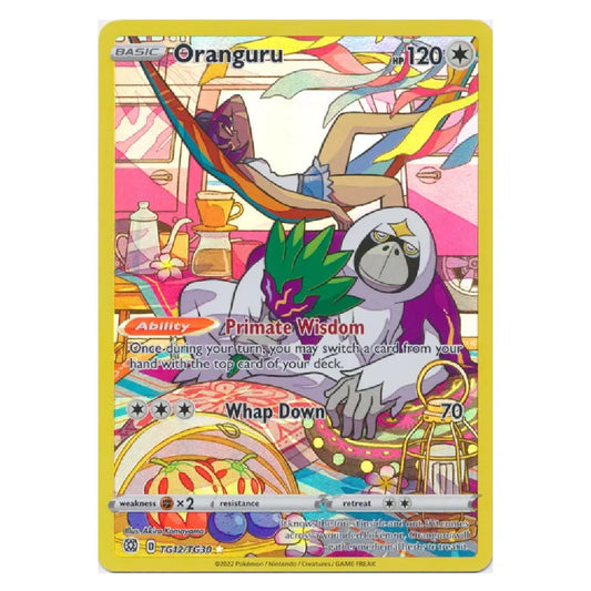 A Pokémon trading card for Oranguru from the TCG 2024 Set, featuring a colorful illustration of a primate in a hammock and a white gorilla with green leaves, on a yellow border.