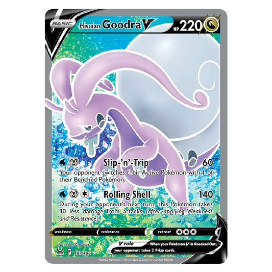 A single Pokémon trading card featuring Hisuian Goodra V, a purple dragon-like Pokémon, with a blue and green water-themed background and a black border. The card includes attack text such as Slip-n'Trip and Rolling Shell, and shows the HP 220 and a gold coin icon.