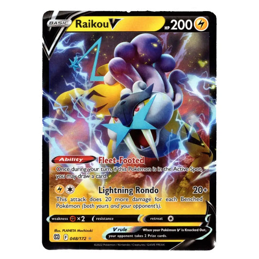 A single Pokémon trading card featuring Raikou, with a black border, colorful artwork of a blue-and-yellow electric bird, and visible text including 'Raikou', 'HP 200', and 'BASIC'.
