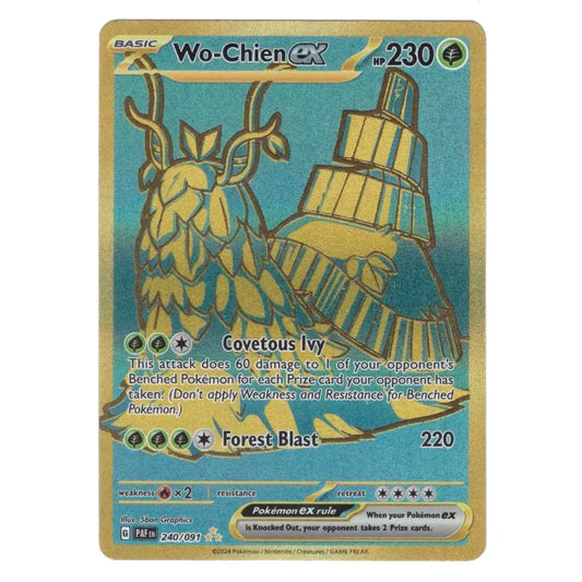 A single Pokémon trading card featuring Wo-Chien EX, shown against a plain white background. The card has a gold foil border and a blue-green gradient field with illustrated golden woody creature artwork and text including 'Covetous Ivy' and 'Forest Blast'.