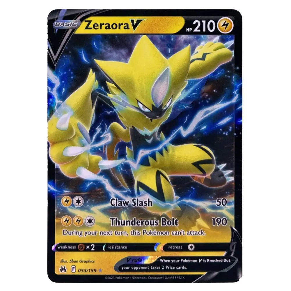A single Pokémon trading card featuring Zeraora V, shown against a plain white background. The card has a black border, yellow and blue artwork, and visible text including 'Zeraora V', 'HF 210', 'Claw Slash', and 'Thunderous Bolt'.