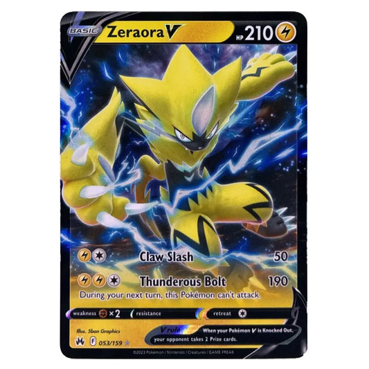 A single Pokémon trading card featuring Zeraora V, shown against a plain white background. The card has a black border, yellow and blue artwork, and visible text including 'Zeraora V', 'HF 210', 'Claw Slash', and 'Thunderous Bolt'.