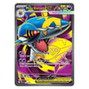 A single Pokémon trading card featuring Mega Sharpedo EX, shown flat against a plain white background. The card has a dark gray border and displays colorful artwork with blue, yellow, purple, and red tones, plus game text and stats printed on it.