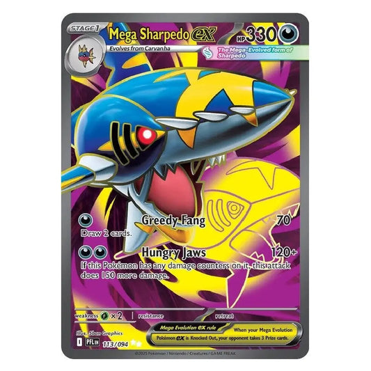 A single Pokémon trading card featuring Mega Sharpedo EX, shown flat against a plain white background. The card has a dark gray border and displays colorful artwork with blue, yellow, purple, and red tones, plus game text and stats printed on it.