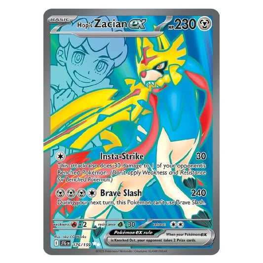 A single Pokémon trading card featuring Hop-Zacian EX from the Evolving Skies expansion, with a blue and yellow illustration, gray border, and visible text including 'BASIC', 'EX', and move names like 'Insta-Strike' and 'Brave Slash'.